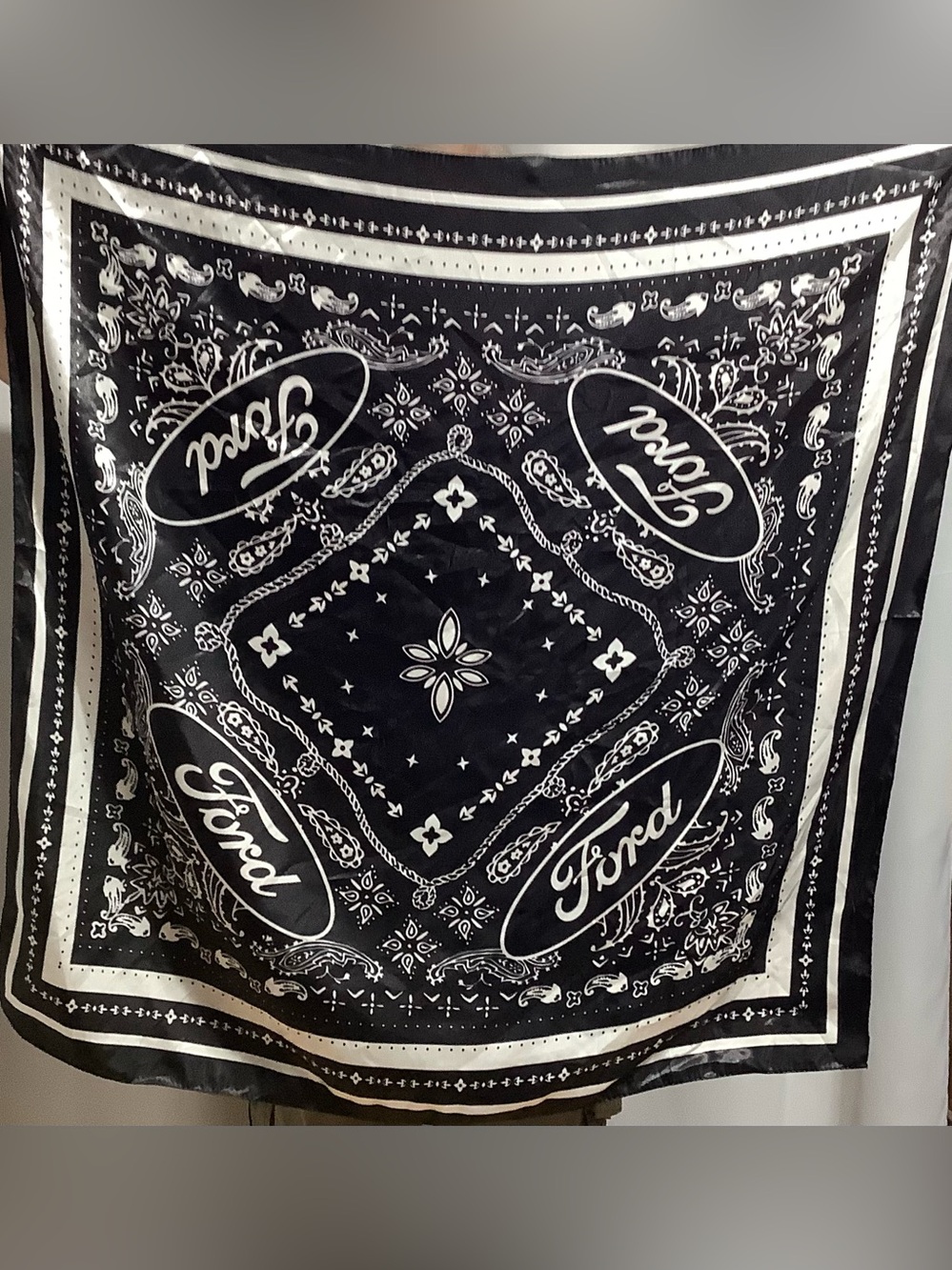Ford Motor Co. Black and White Paisley Bandana Satin Scarf 34"x34" Unisex